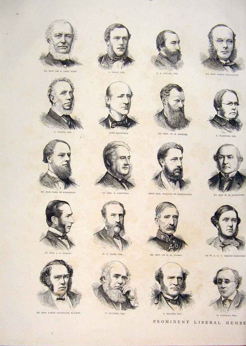 Old Antique Print Liberal Members Parliament Portrait Houses London 1874 19th