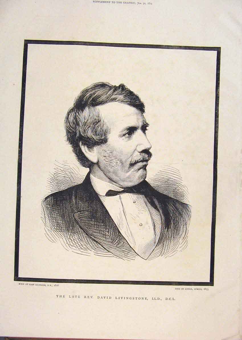Original Old Antique Print Livingstone Portrait Africa Lobisa 1874 Victorian