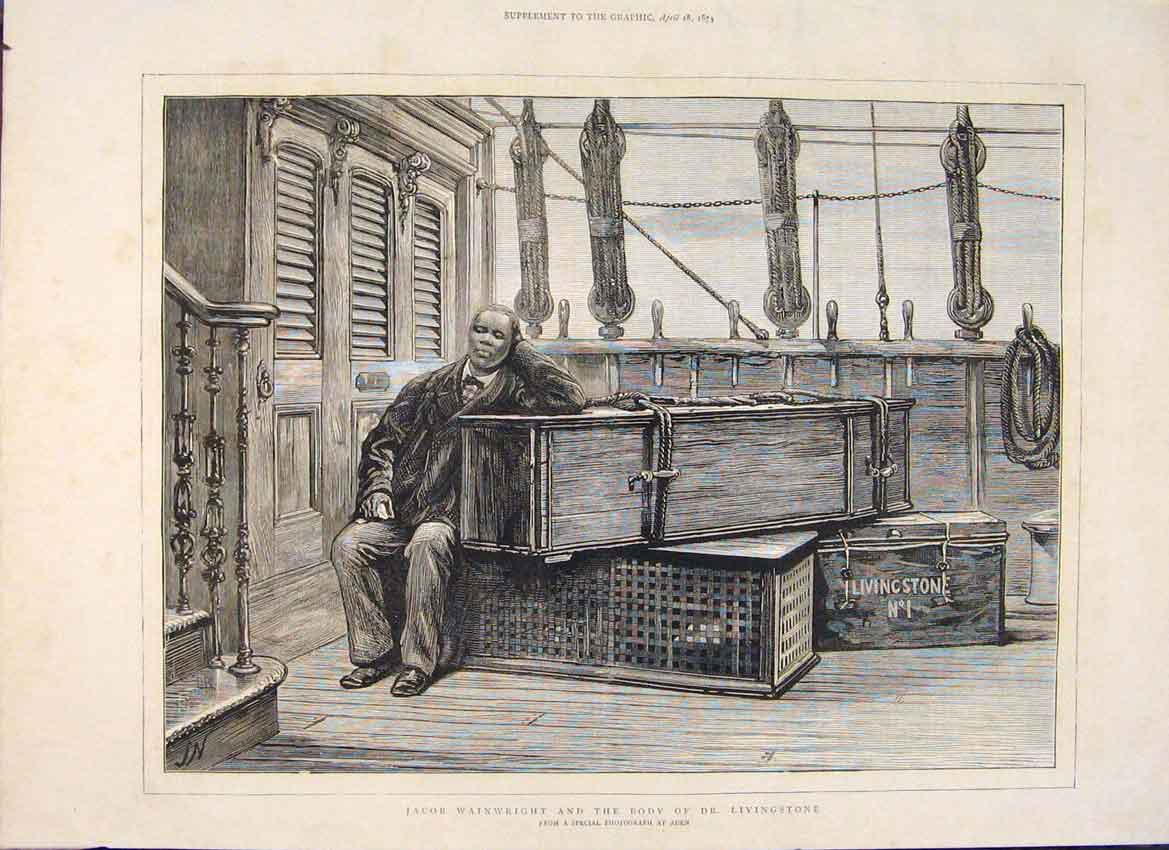 Original Old Antique Print Livingstone Wainwright Coffin Ship Aden Dr 1874 19th