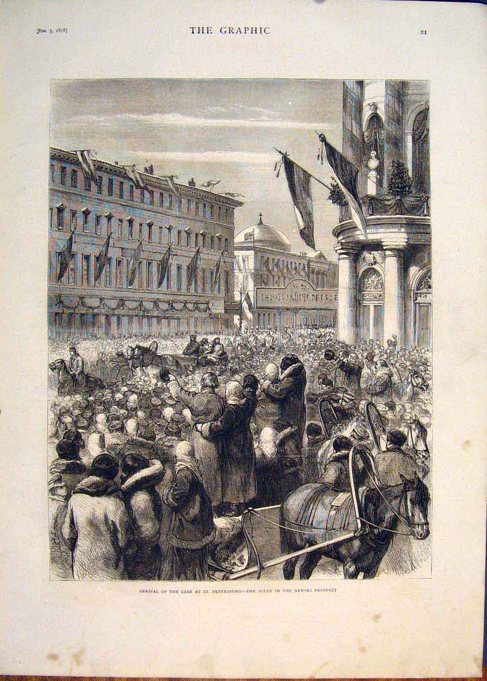 Original Old Antique Print Czar St Petersburg Newski Prospect 1878 Victorian
