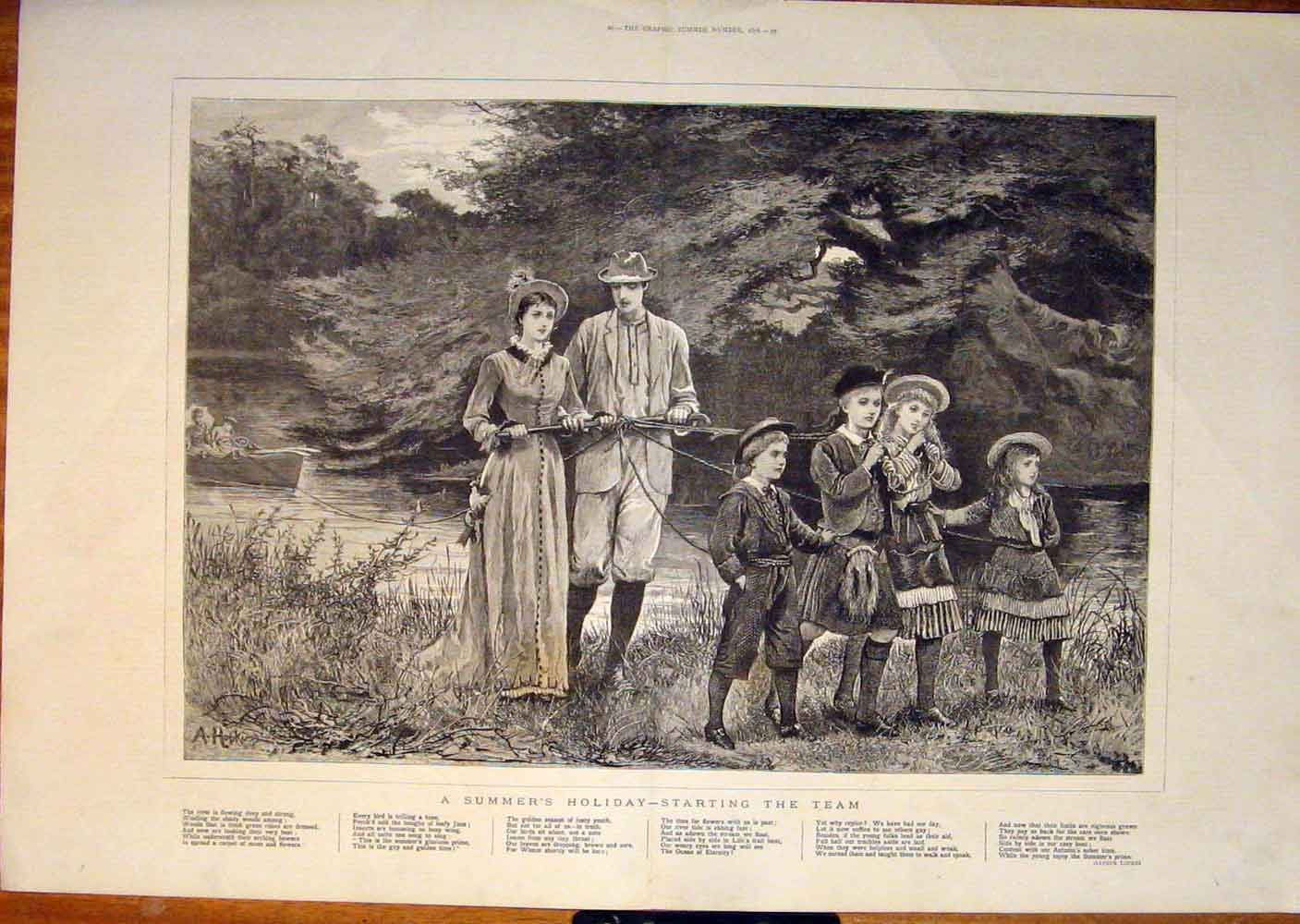 Old Antique Print Summer Holiday Family Team Locker Hopkin Fine Art 1878 19th