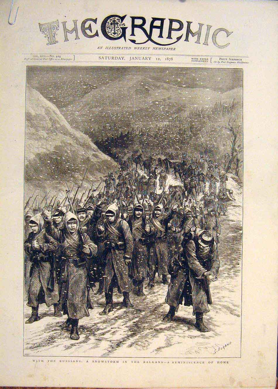 Original Old Antique Print Russians Snowstorm Balakans Gourko Snow 1878 19th