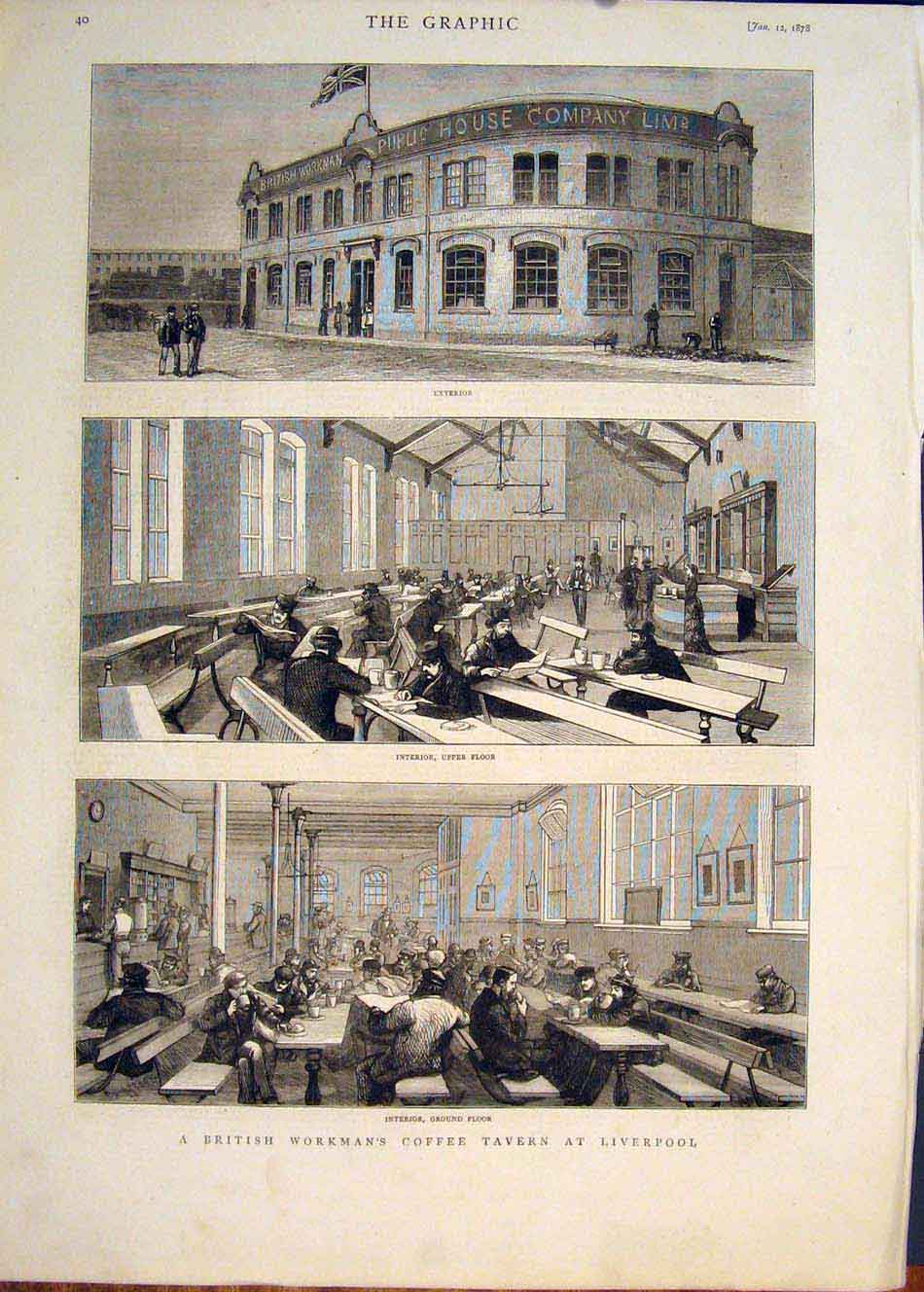 Original Old Antique Print British Workman Coffee Tavern Liverpool 1878 19th