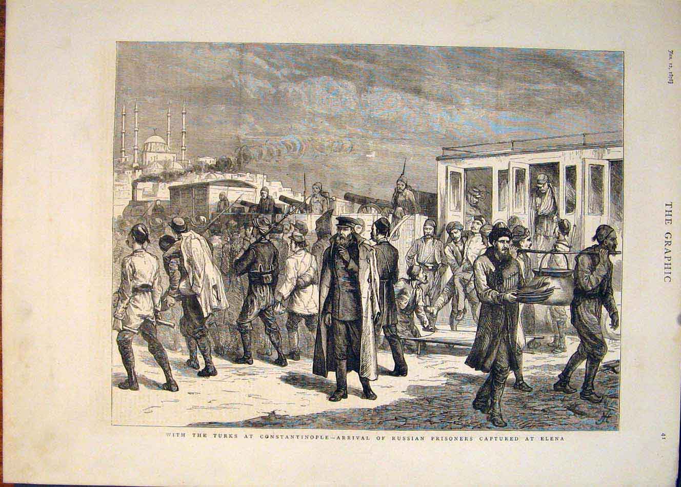 Original Old Antique Print Turks Constantinople Russian Prisoners Elena 1878
