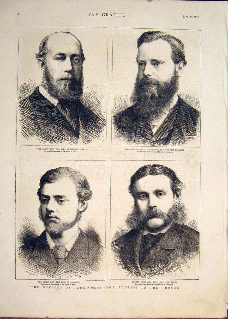 Original Old Antique Print Wharncliffe Egerton Loudoun Tennant Pariliament 1878