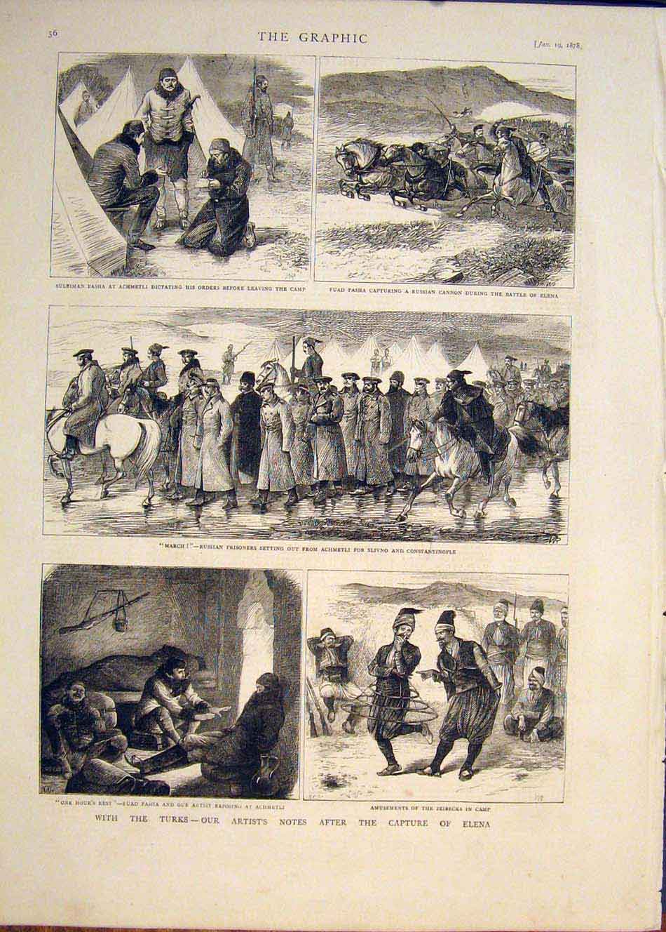 Original Old Antique Print Turks Capture Elena Pasha Russian Achmetli 1878 19th