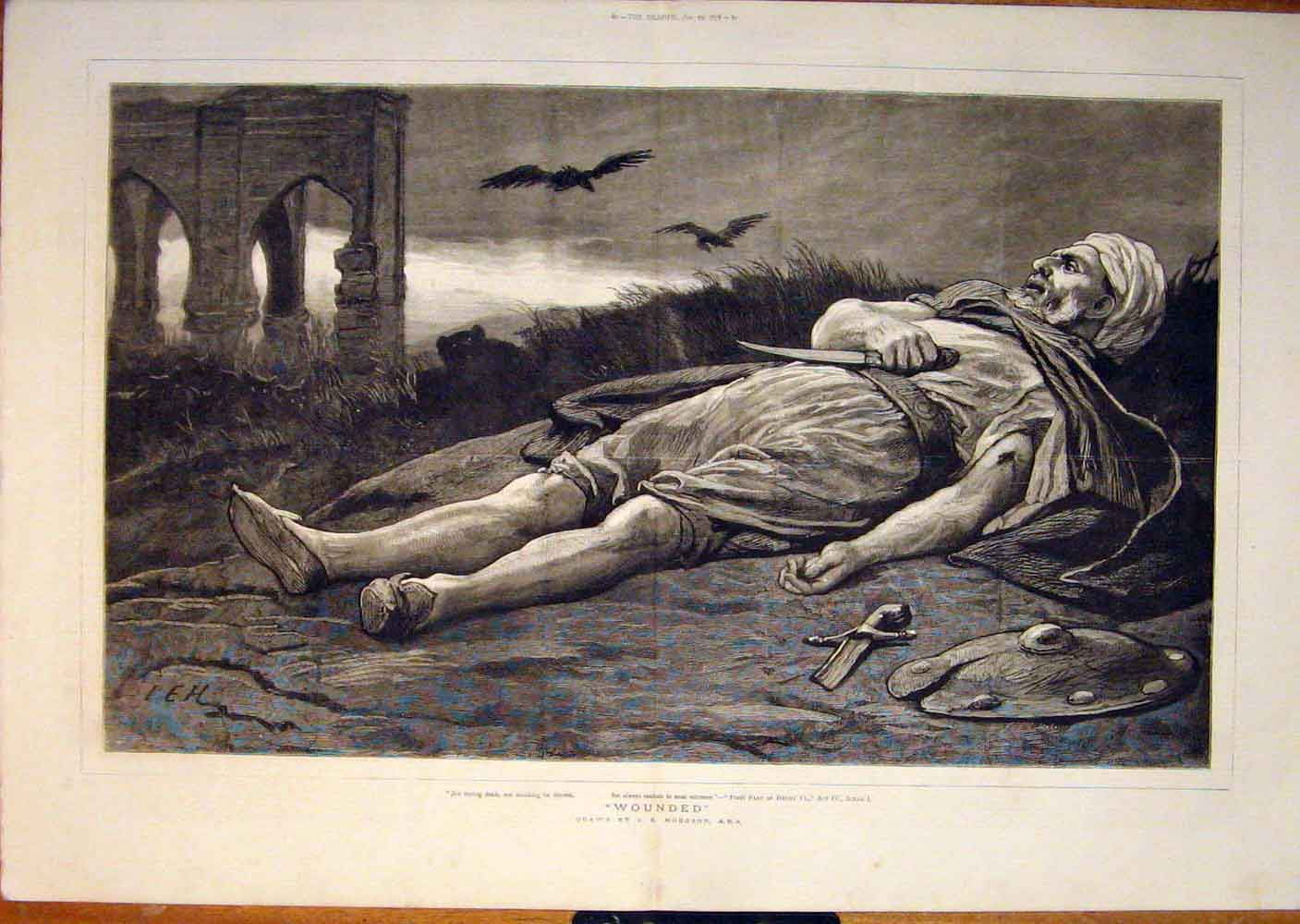 Original Old Antique Print Wounded Hodgson Fine Art 1878 19th Century