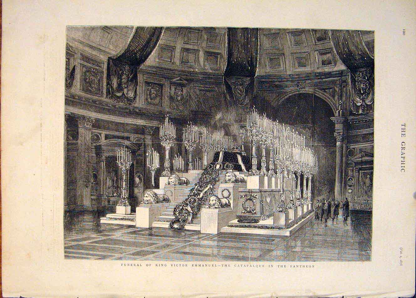 Original Old Antique Print Funeral King Victor Catafaloque Pantheon 1878 19th