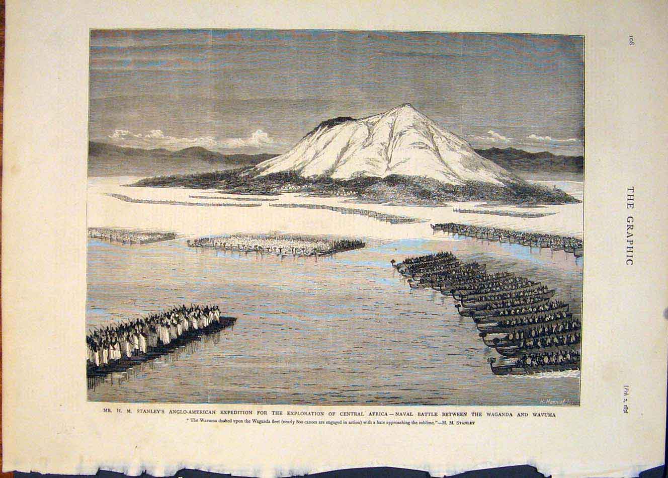 Original Old Antique Print Stanley Anglo-American Expedition Africa Naval Battle