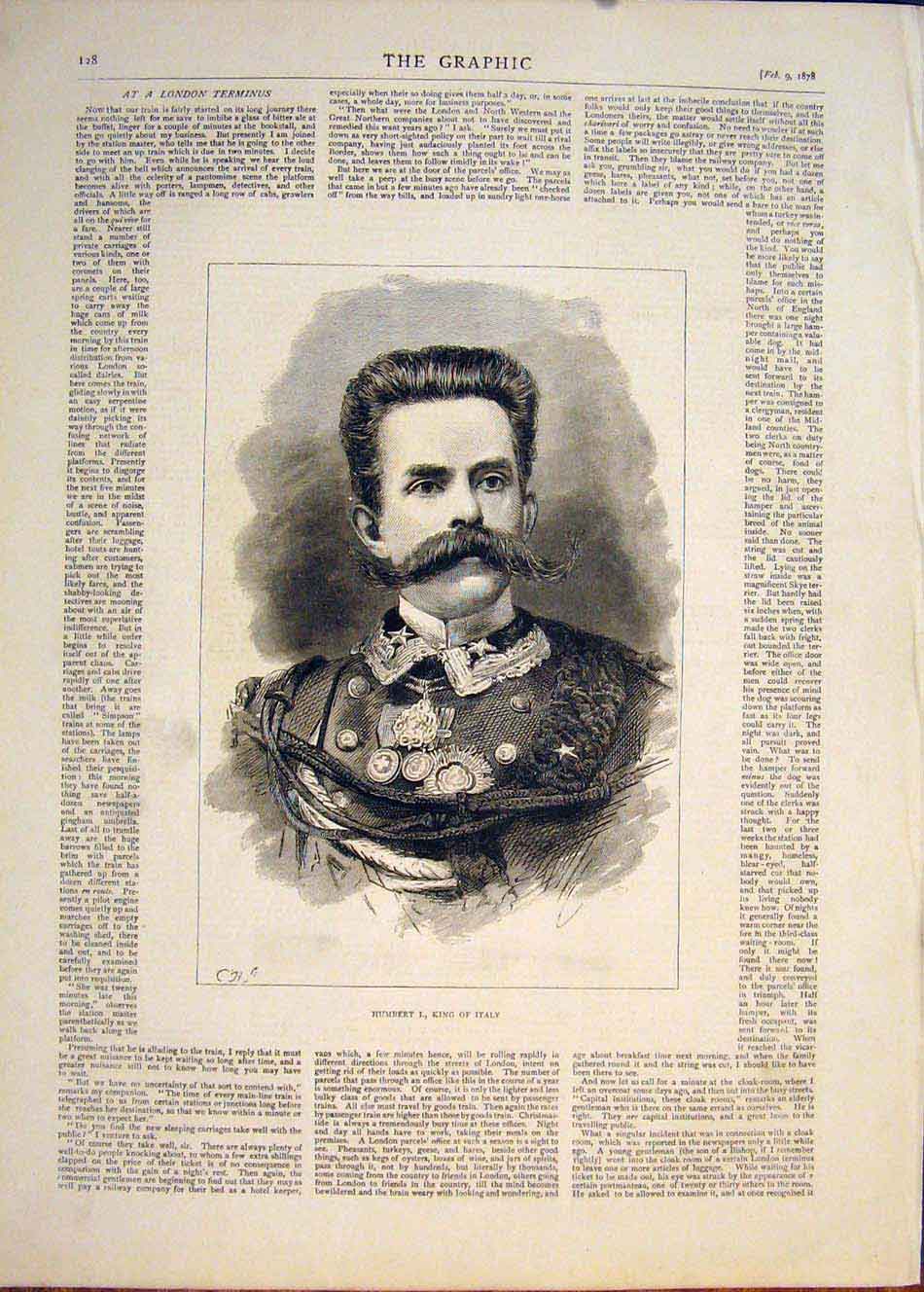 Original Old Antique Print Portrait Humbert I King Italy 1878 19th