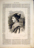 Original Old Antique Print Portrait Margherita Queen Consort Italy 1878 19th