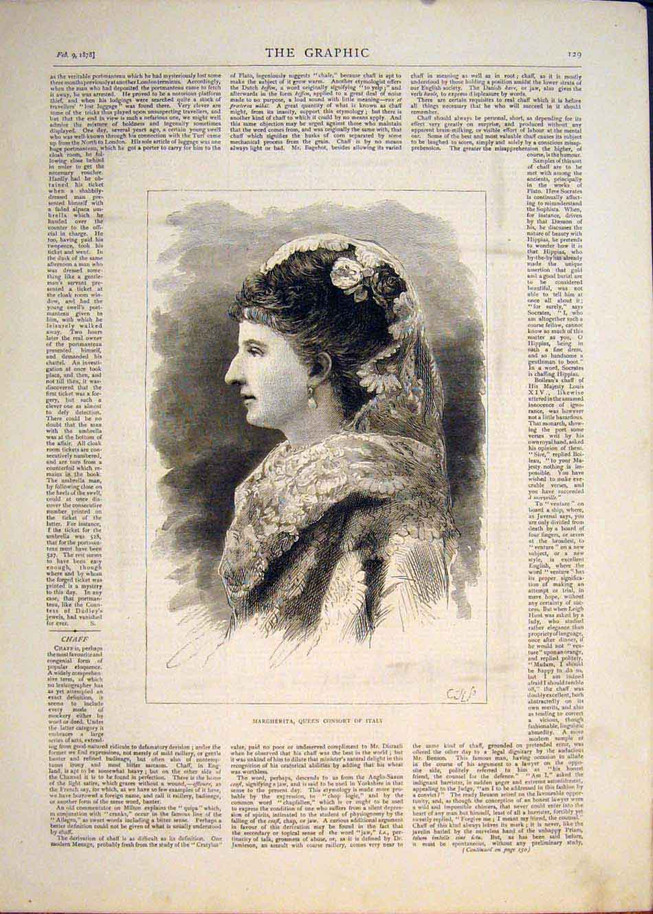 Original Old Antique Print Portrait Margherita Queen Consort Italy 1878 19th