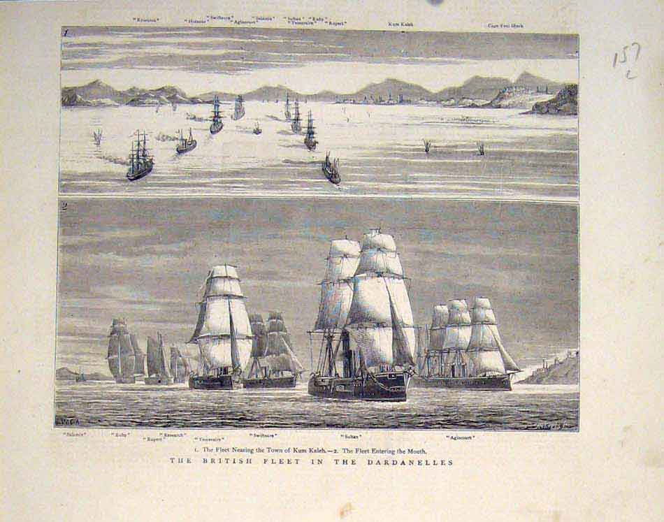Original Old Antique Print British Fleet Dardanelles Hms Ship Ships 1878 19th