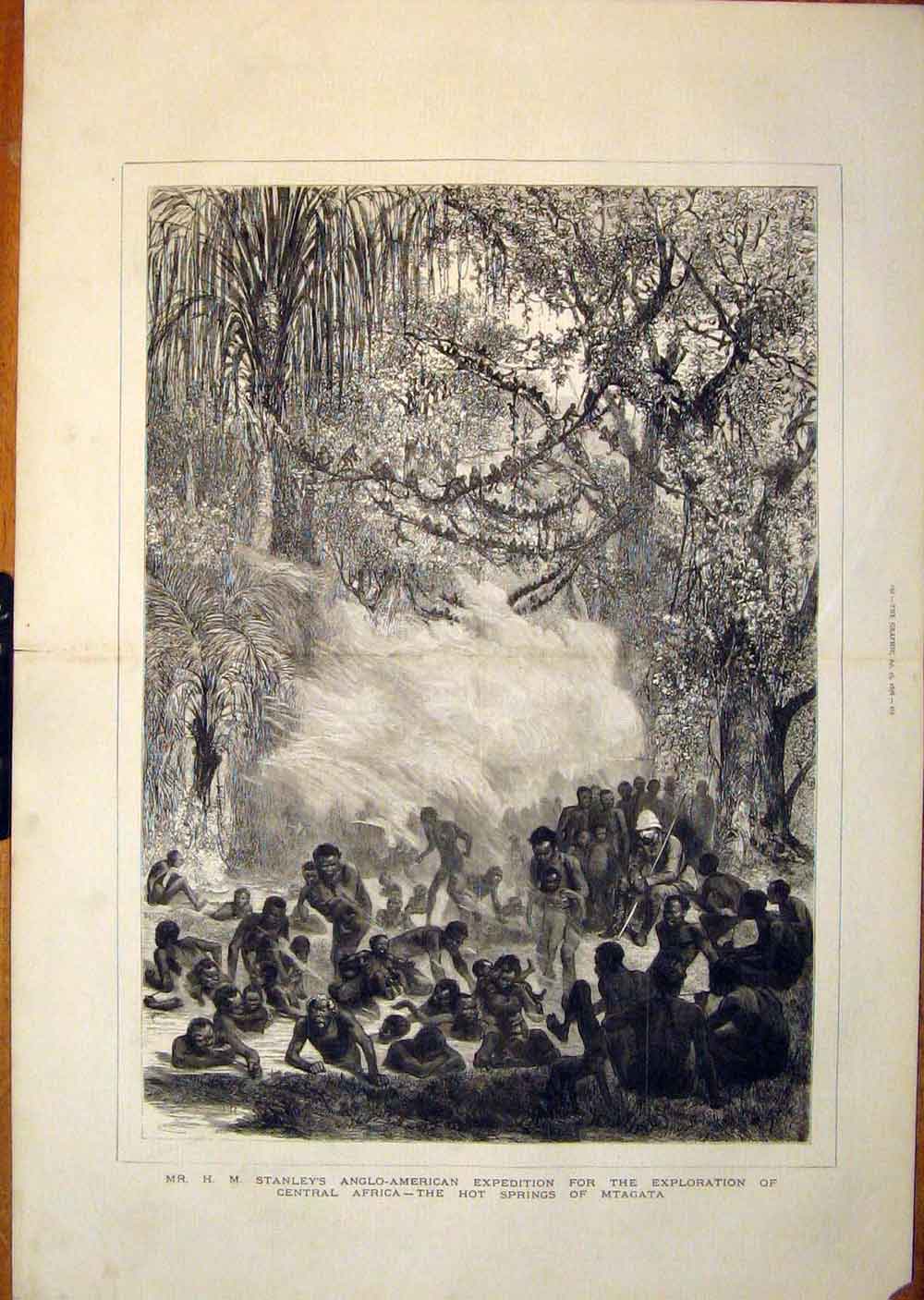 Original Old Antique Print Stanley Expedition Africa Mtagata Hot Springs 1878