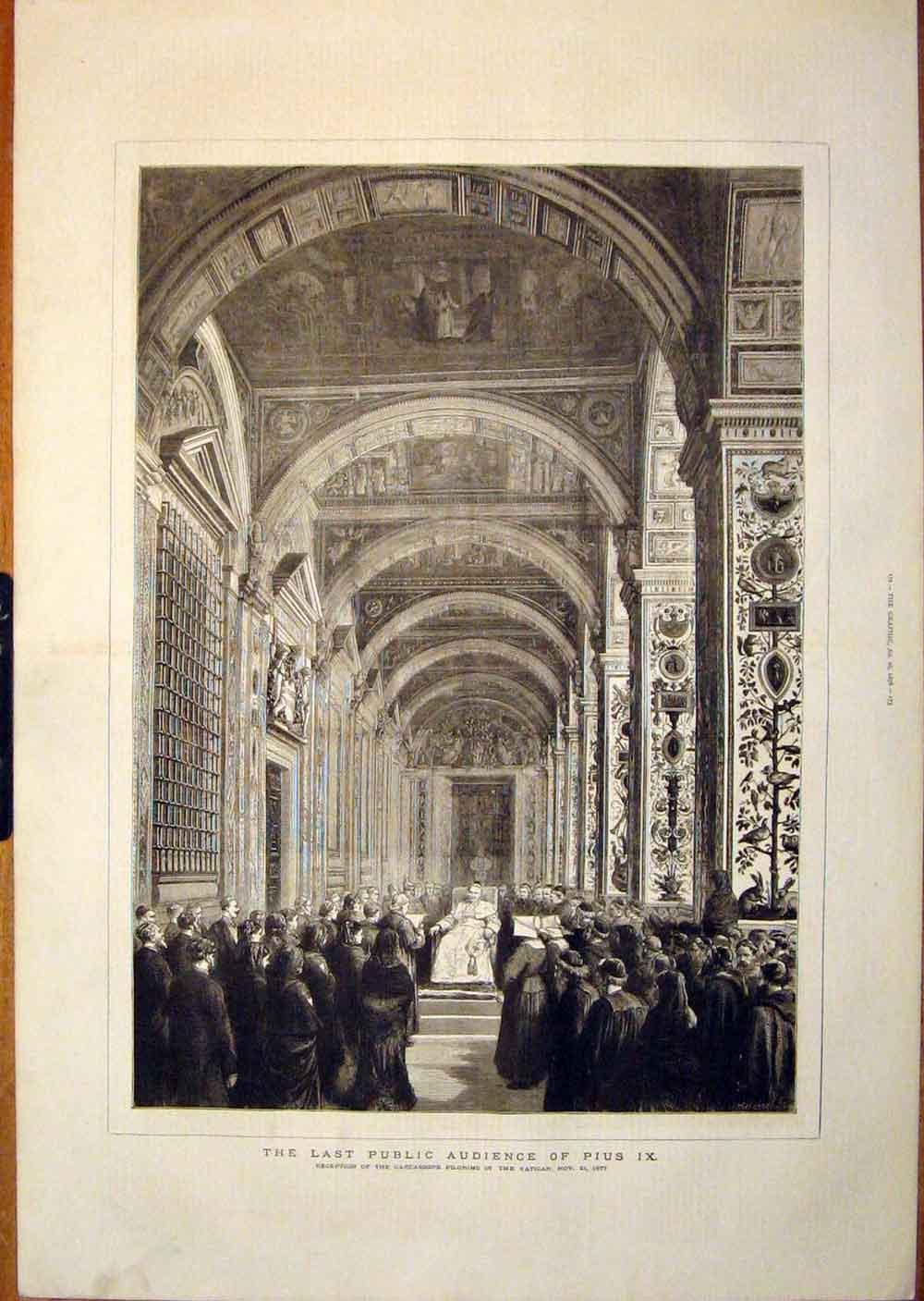 Old Antique Print Public Audience Pius Carcassone Pilgrims Vatican 1878 19th