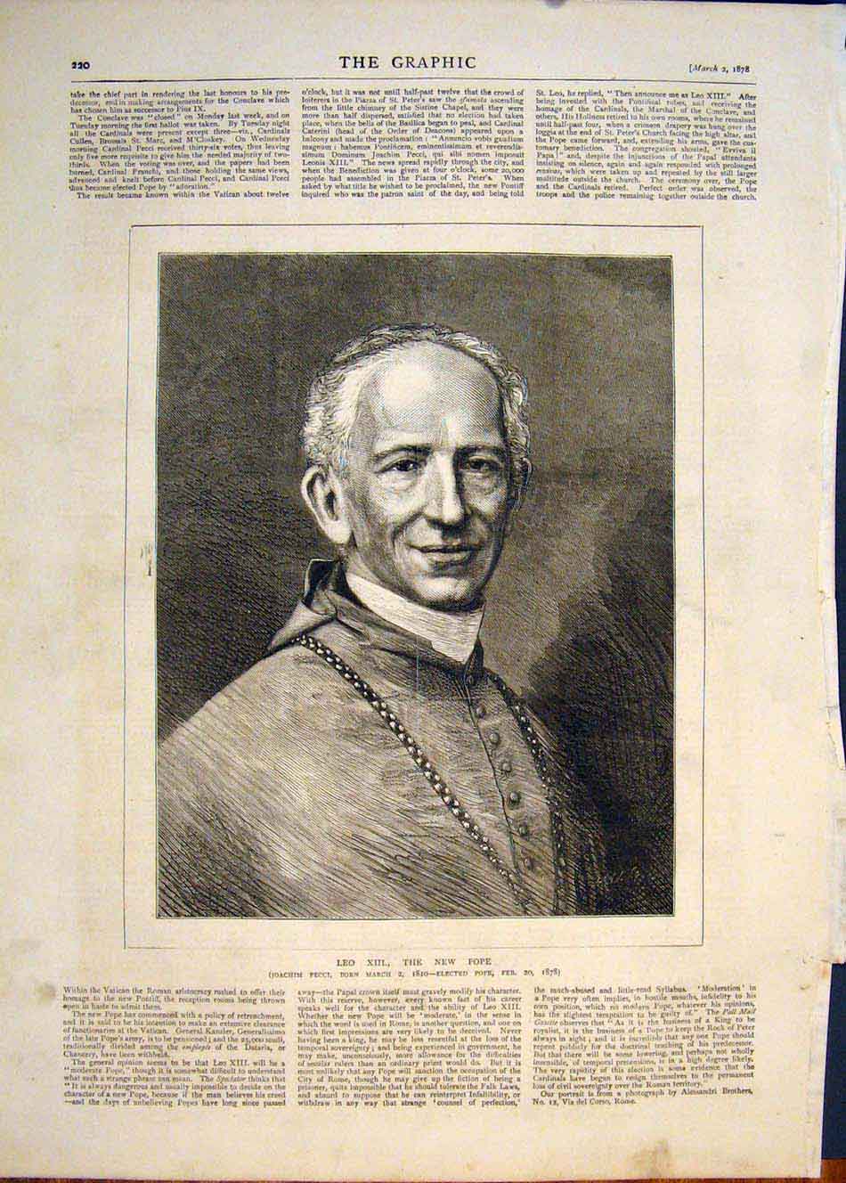 Original Old Antique Print Leo Xiii Pope Vatican Rome Italy Joachim Pecci 1878