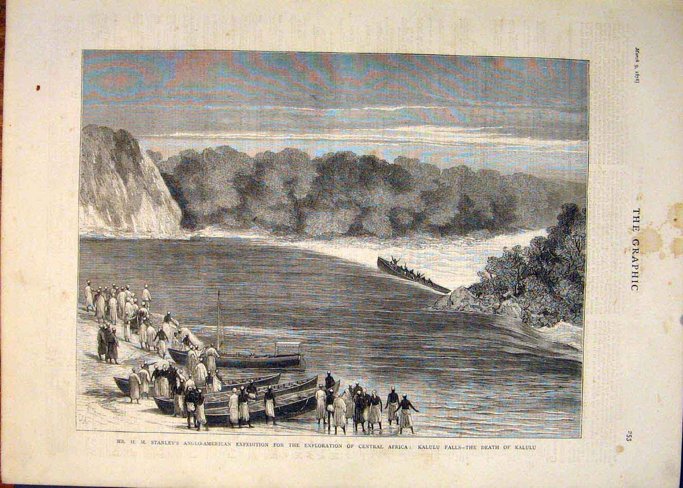 Original Old Antique Print Stanley Anglo-American Expedition Africa Kalulu Falls