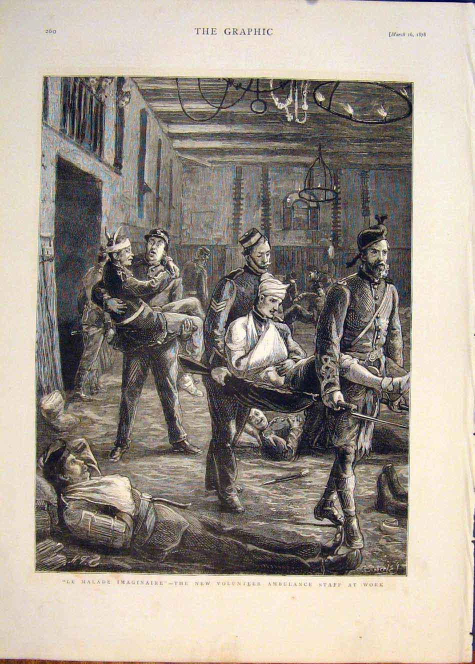 Original Old Antique Print Volunteer Ambulance Staff War Troops 1878 Victorian