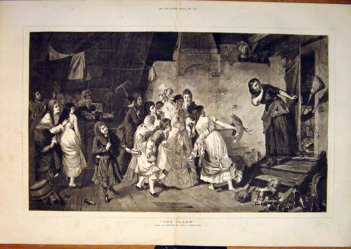 Old Antique Print The Alarm Rosenthal Cats Broom Cupboard Fine Art 1878 19th