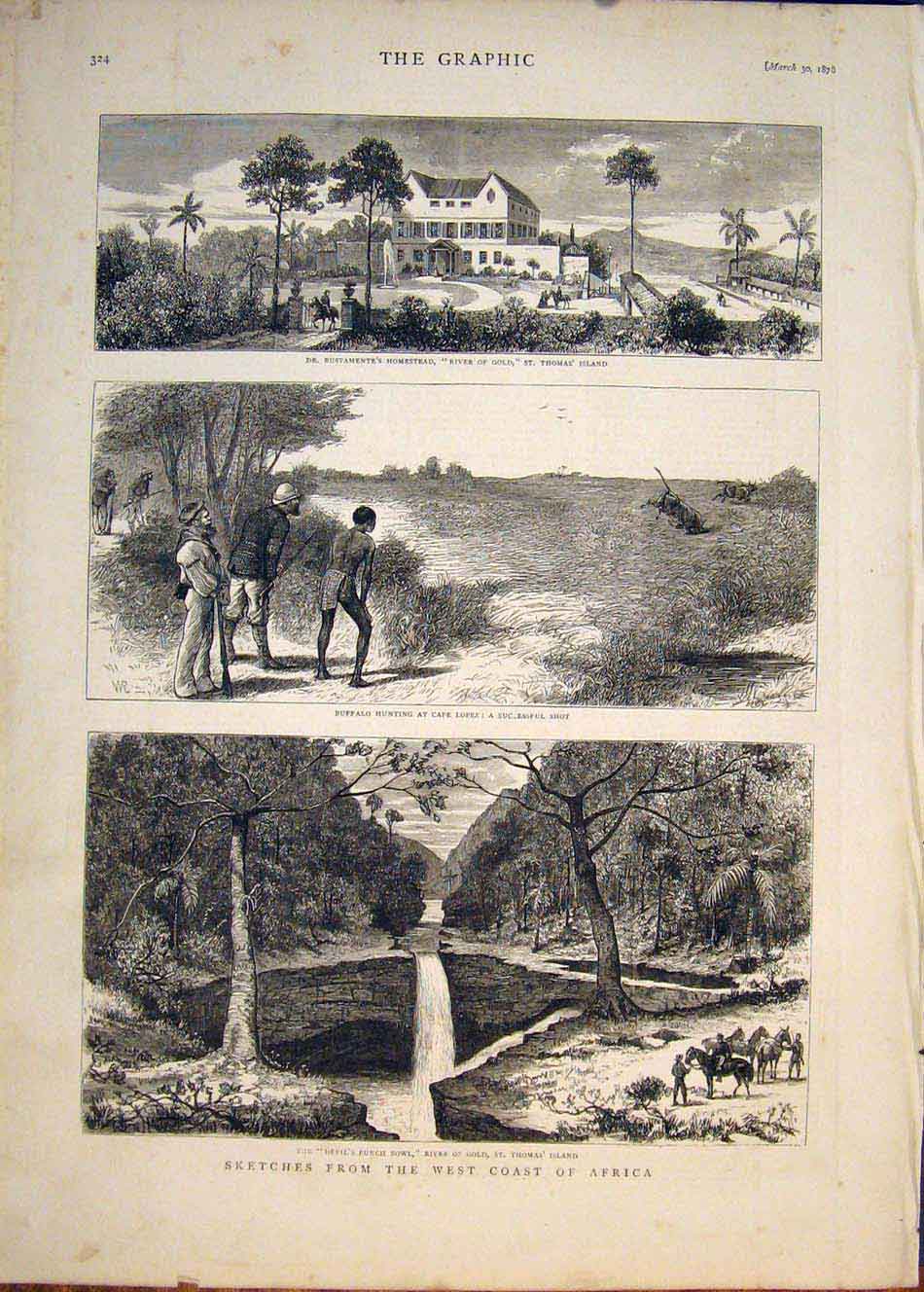 Original Old Antique Print Sketches West Coast Africa Hunting St Thomas' Island