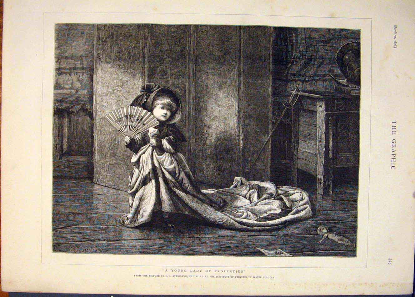Original Old Antique Print Young Lady Properties Staniland Fine Art 1878 19th