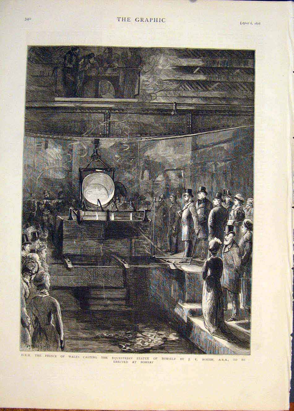 Original Old Antique Print Hrh Prince Wales Boehm Statue Bombay Equestrian 1878