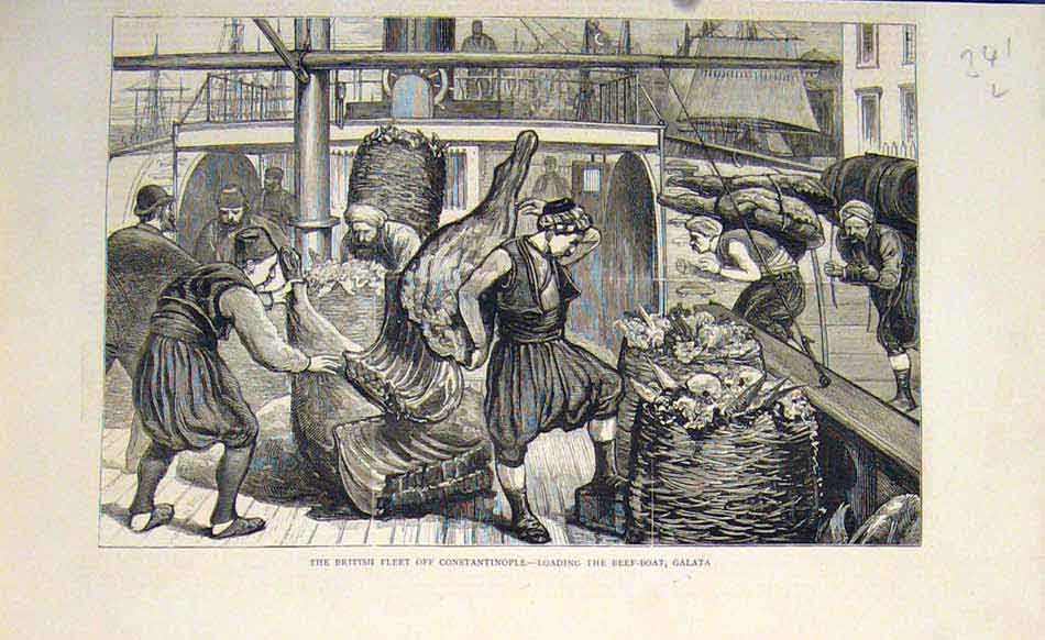 Original Old Antique Print British Fleet Constantinople Beef Boat Galata 1878