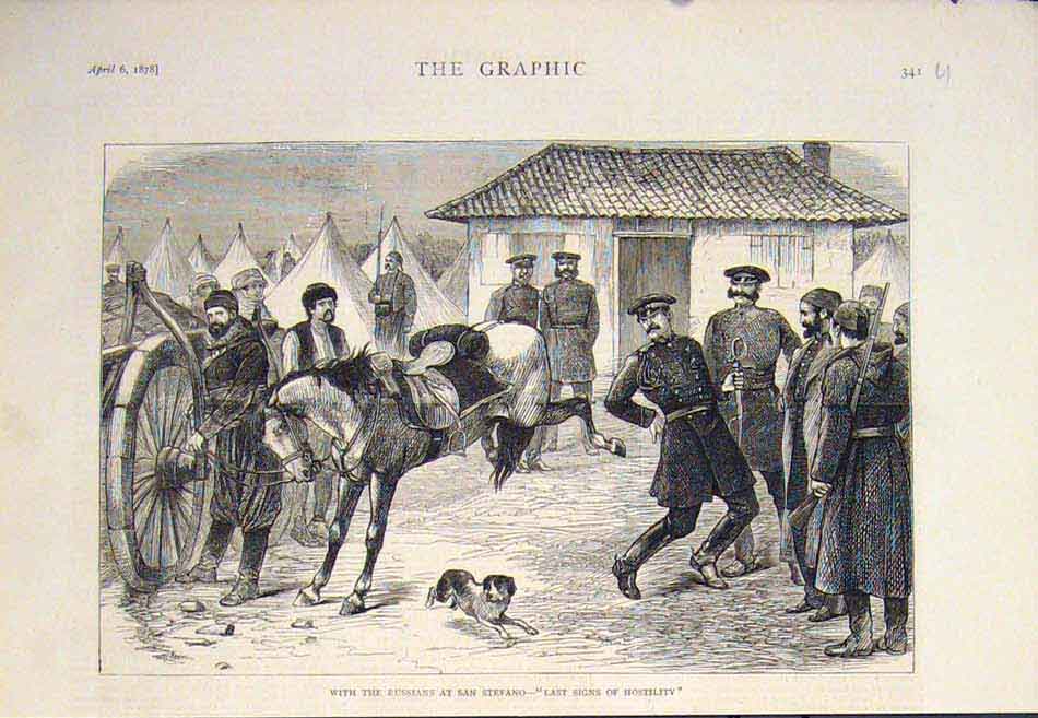 Original Old Antique Print Russians San Stefano Hostility War 1878 Victorian