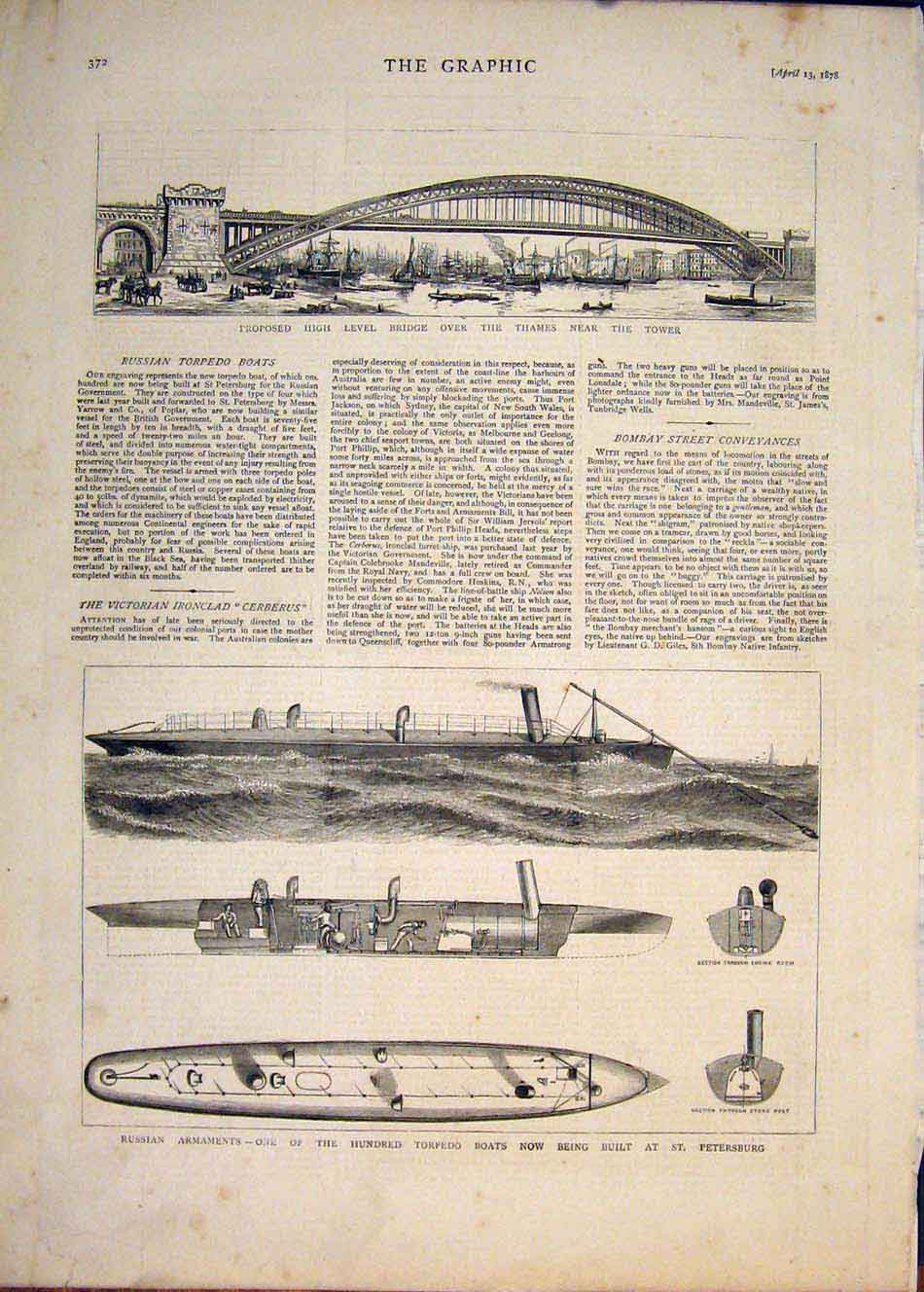 Original Old Antique Print Thames Bridge Tower Russian Torpedo Boats Boat 1878