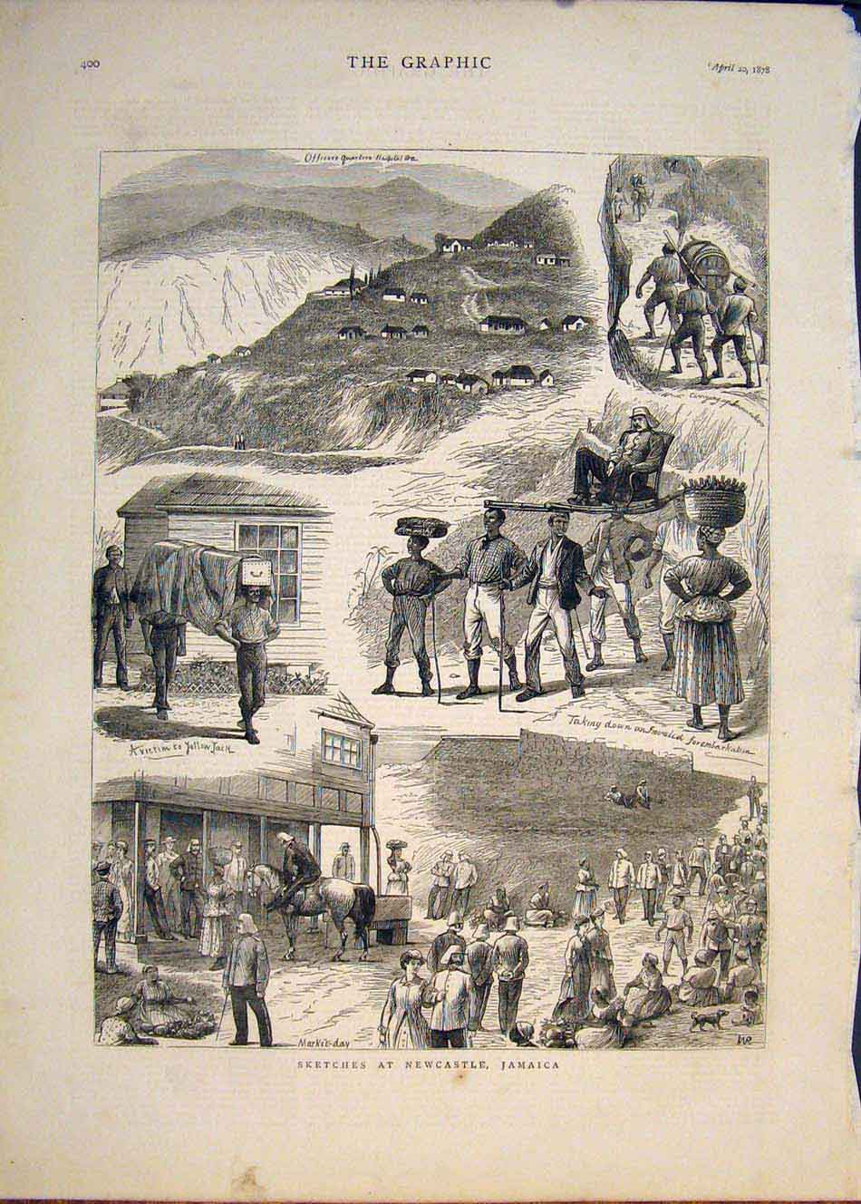 Original Old Antique Print Sketches Newcastle Jamaica Market 1878 19th