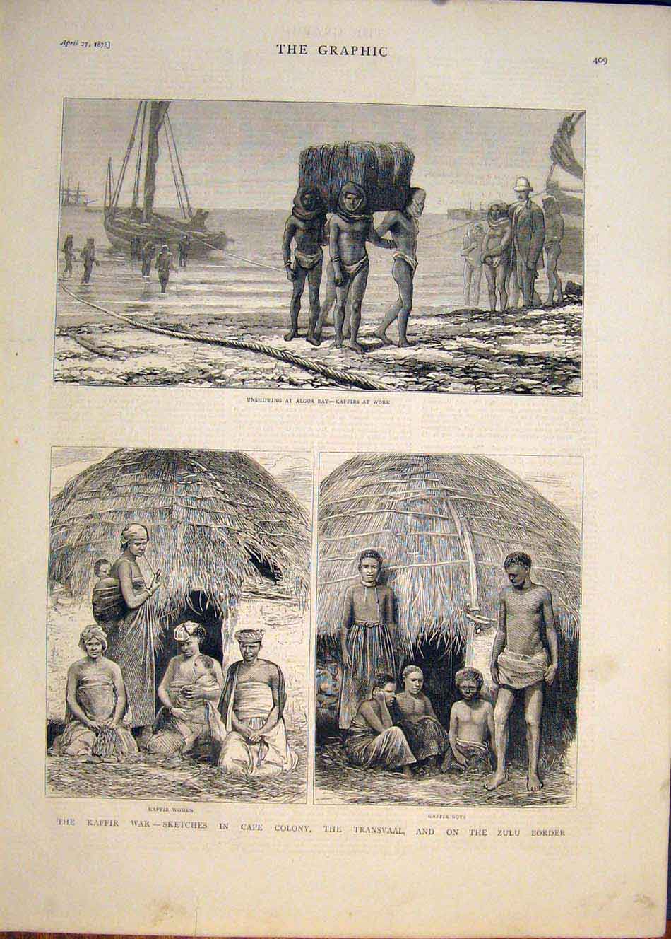 Original Old Antique Print Algoa Bay Kaffir War Africa Cape Transvaal Zulu 1878