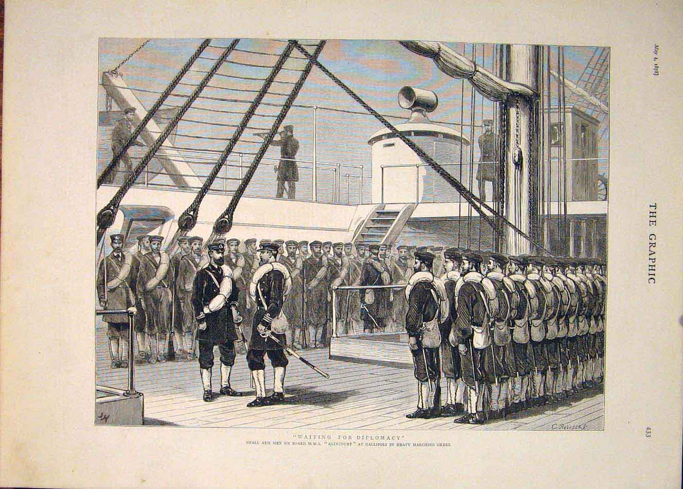Original Old Antique Print Hms Agincourt Gallipoli Small Arm Men Ship 1878 19th