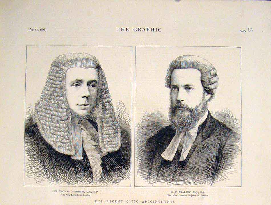 Original Old Antique Print Portrait Chambers Charley Civil Service London 1878