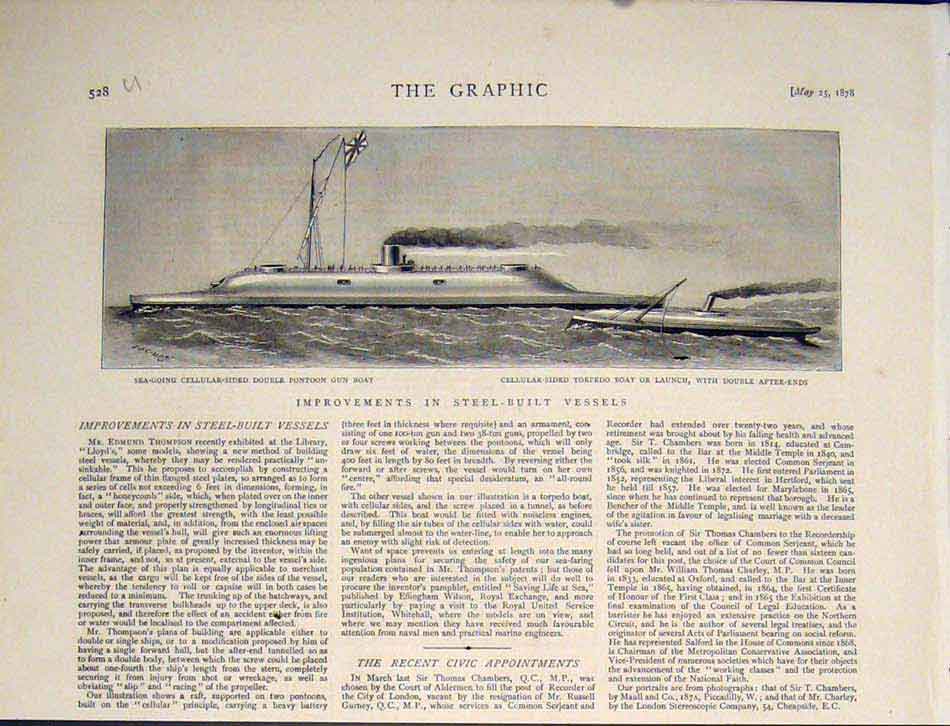 Old Antique Print Steel Vessels Gun Boat Torpedo Cellular Ships Ship 1878 19th