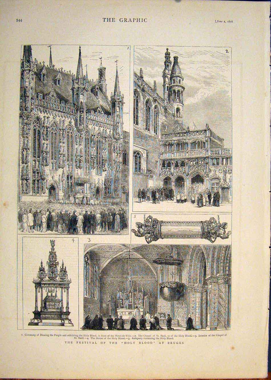 Original Old Antique Print Festival Holy Blood Bruges Chapel St Basil 1878 19th