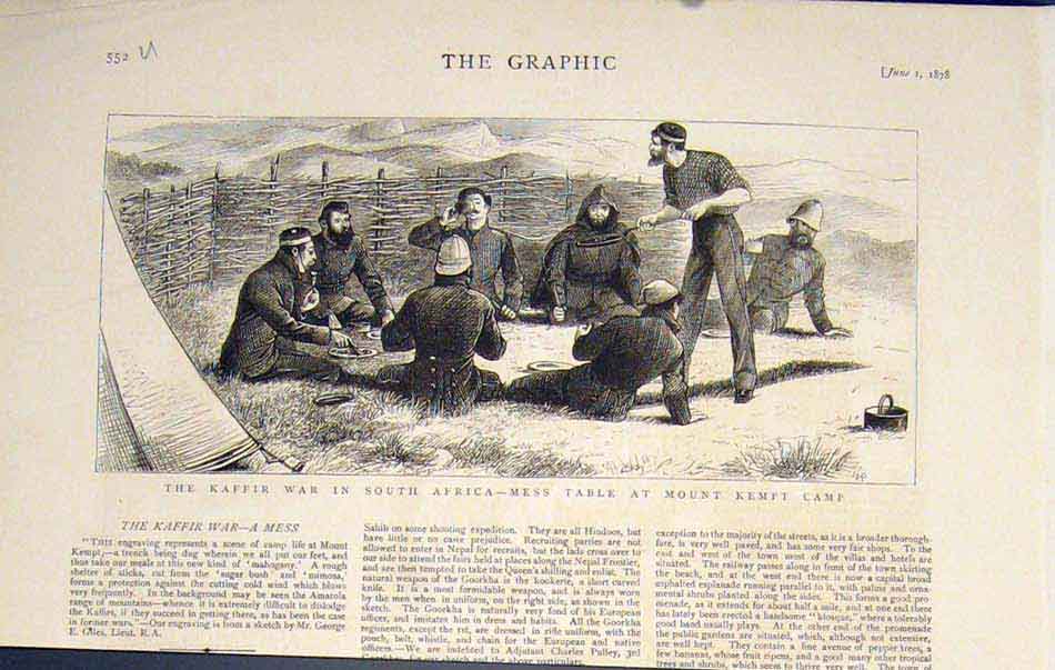 Original Old Antique Print Kaffir War South Africa Mount Kempt Camp 1878 19th