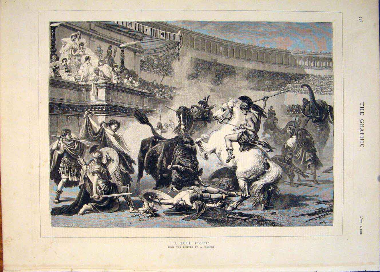 Original Old Antique Print Bull Fight Wagner Horse Stadium Fine Art 1878 19th