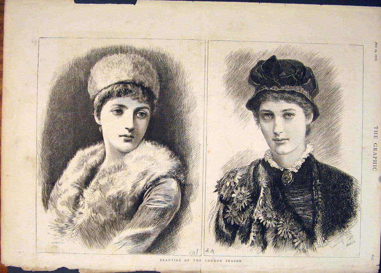 Original Old Antique Print Portrait London Beauties Fashion Season 1878 19th