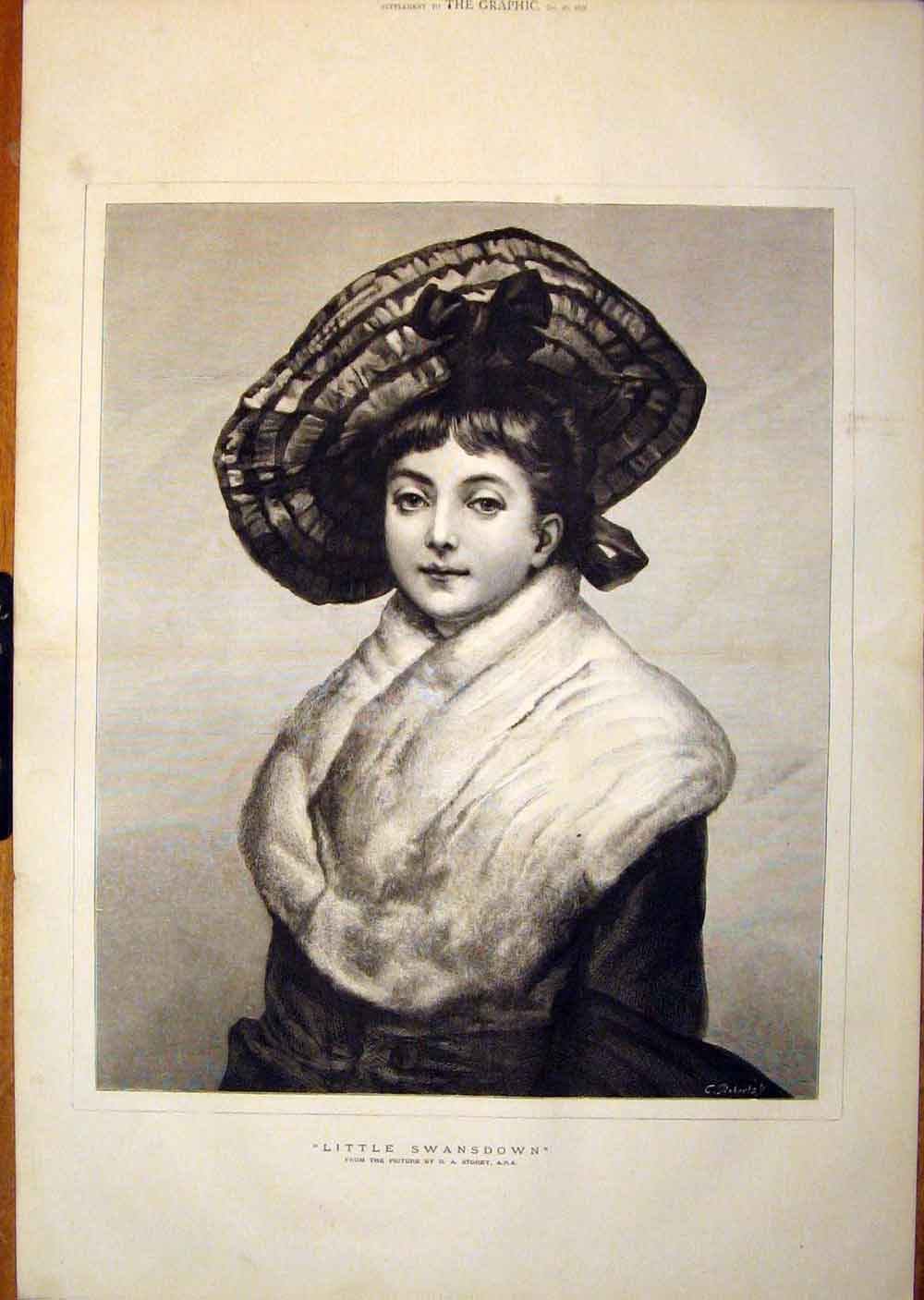 Old Antique Print Little Swansdown Storey Lady Fur Coat Hat Fine Art 1878 19th
