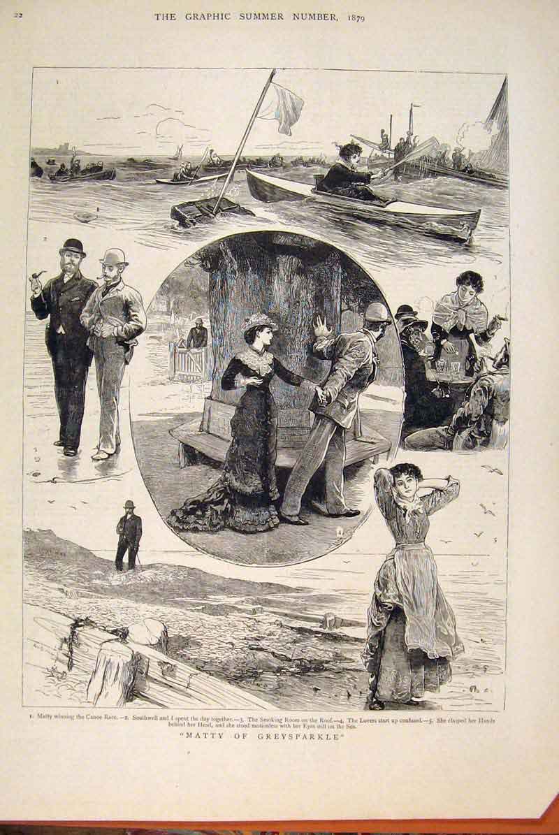 Original Old Antique Print Matty Greysparkle Sketches Canoe Sea Beach 1879 19th
