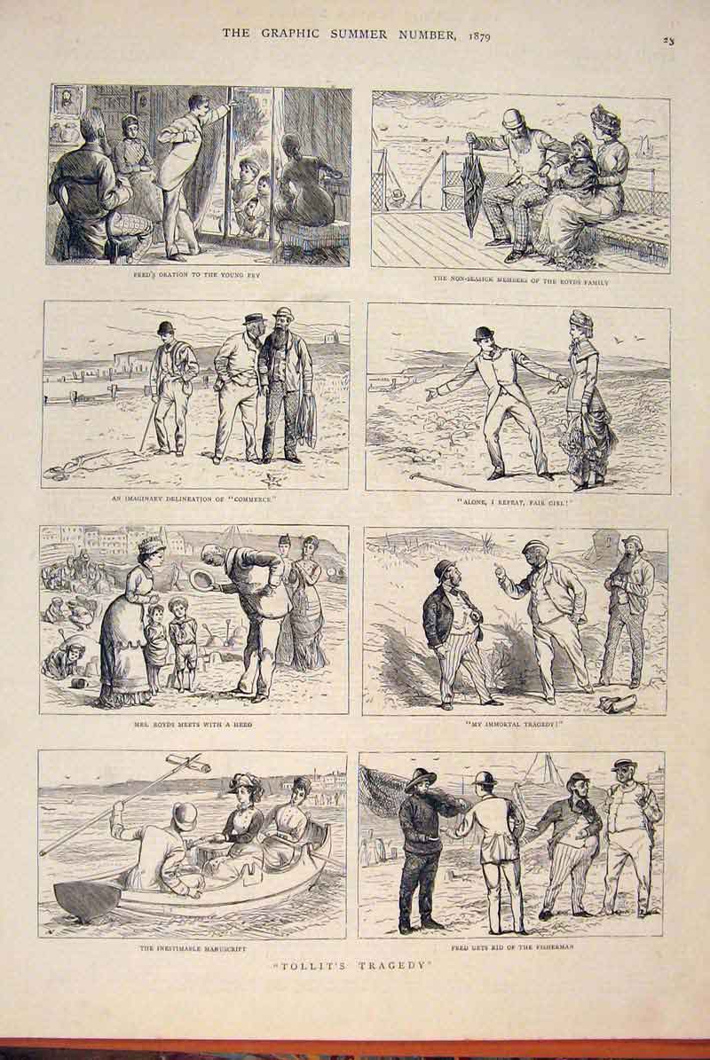 Original Old Antique Print Tollit Tragedy Royd Sketches Seaside 1879 Victorian