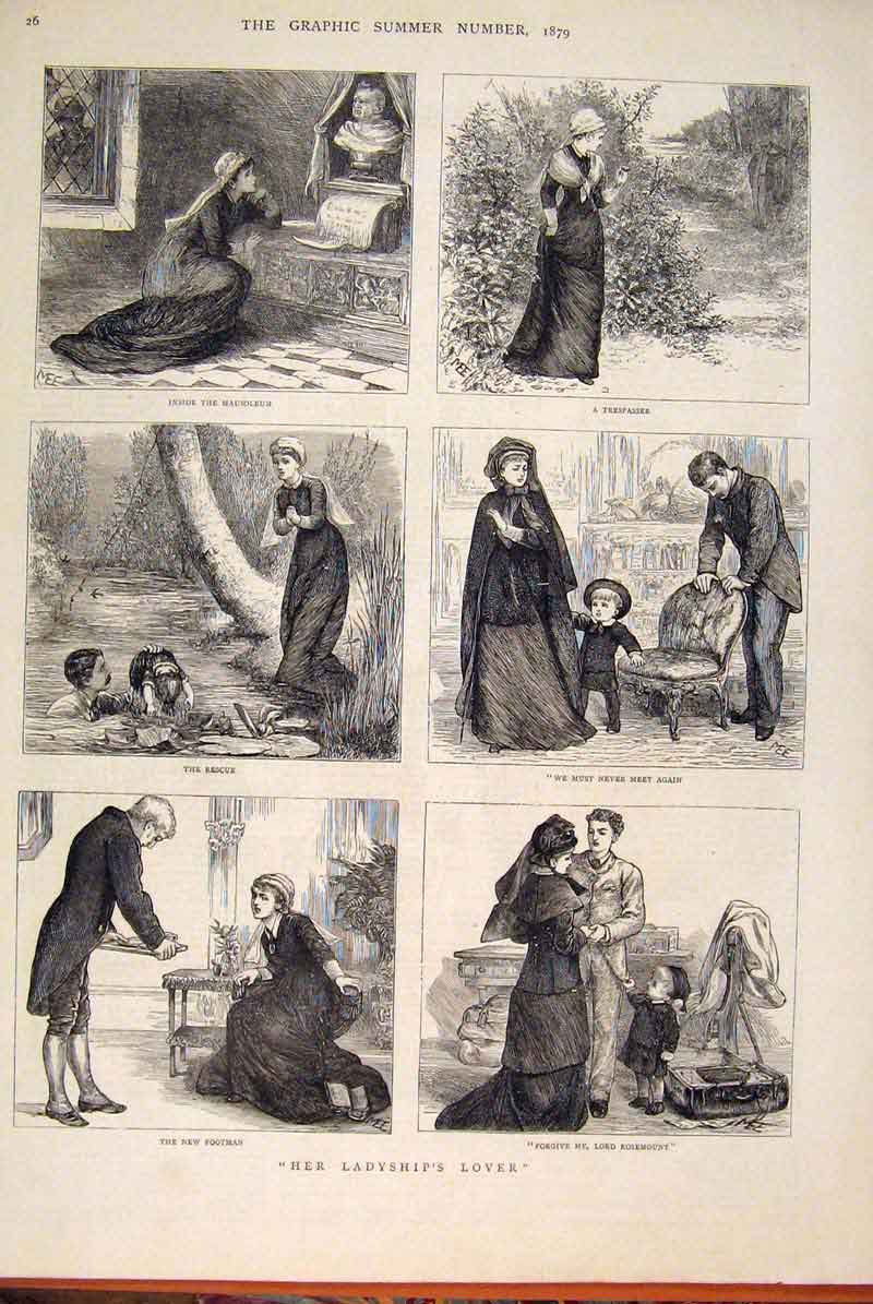 Original Old Antique Print Ladyship Lover Lady Sketches Rosemount 1879 Victorian