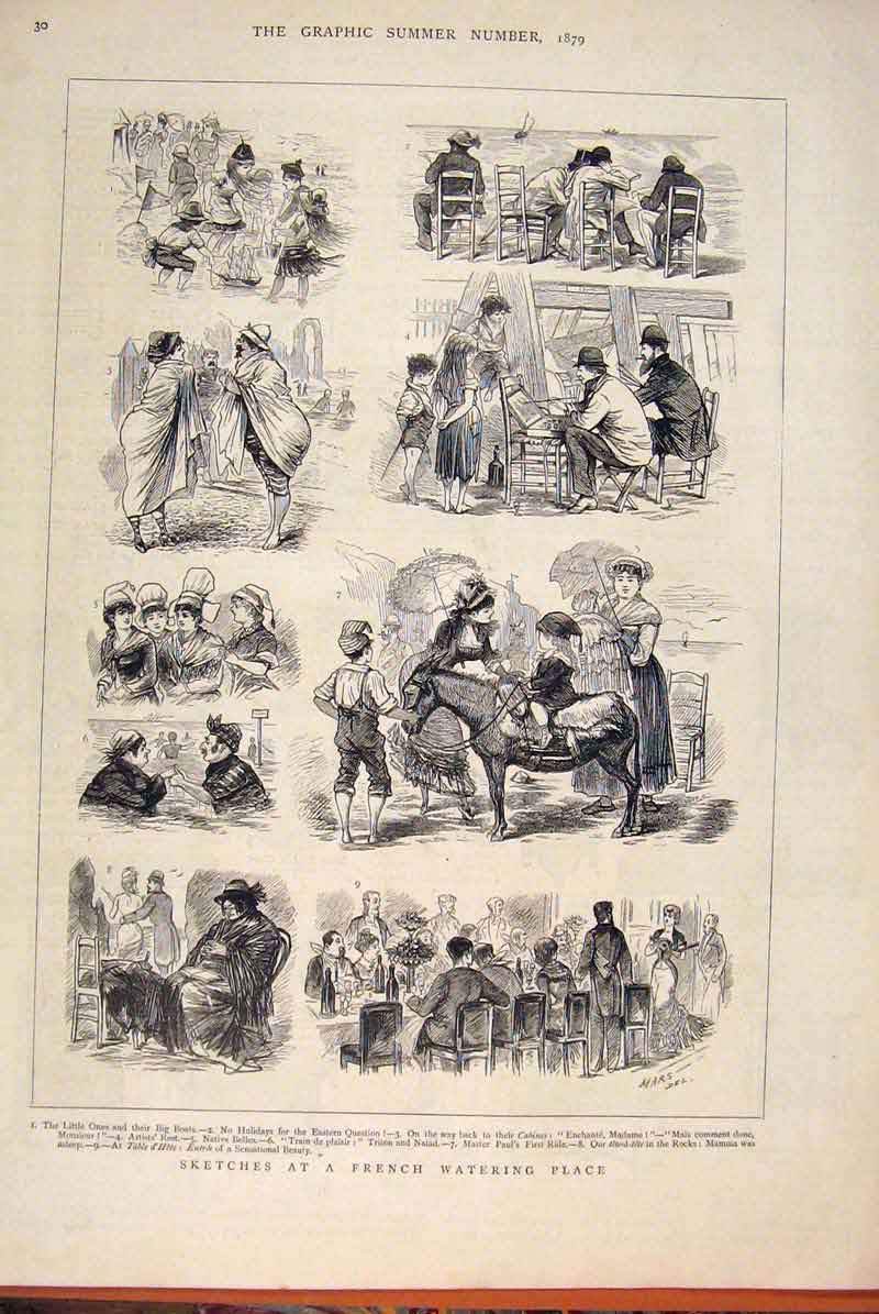Original Old Antique Print Sketches French Watering Place Seaside Beach 1879