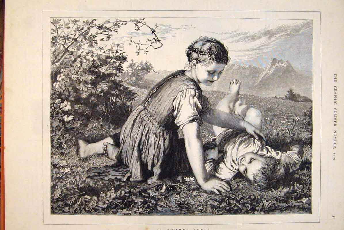 Original Old Antique Print Summer Idyl Bauerle Children Field Fine Art 1879 19th