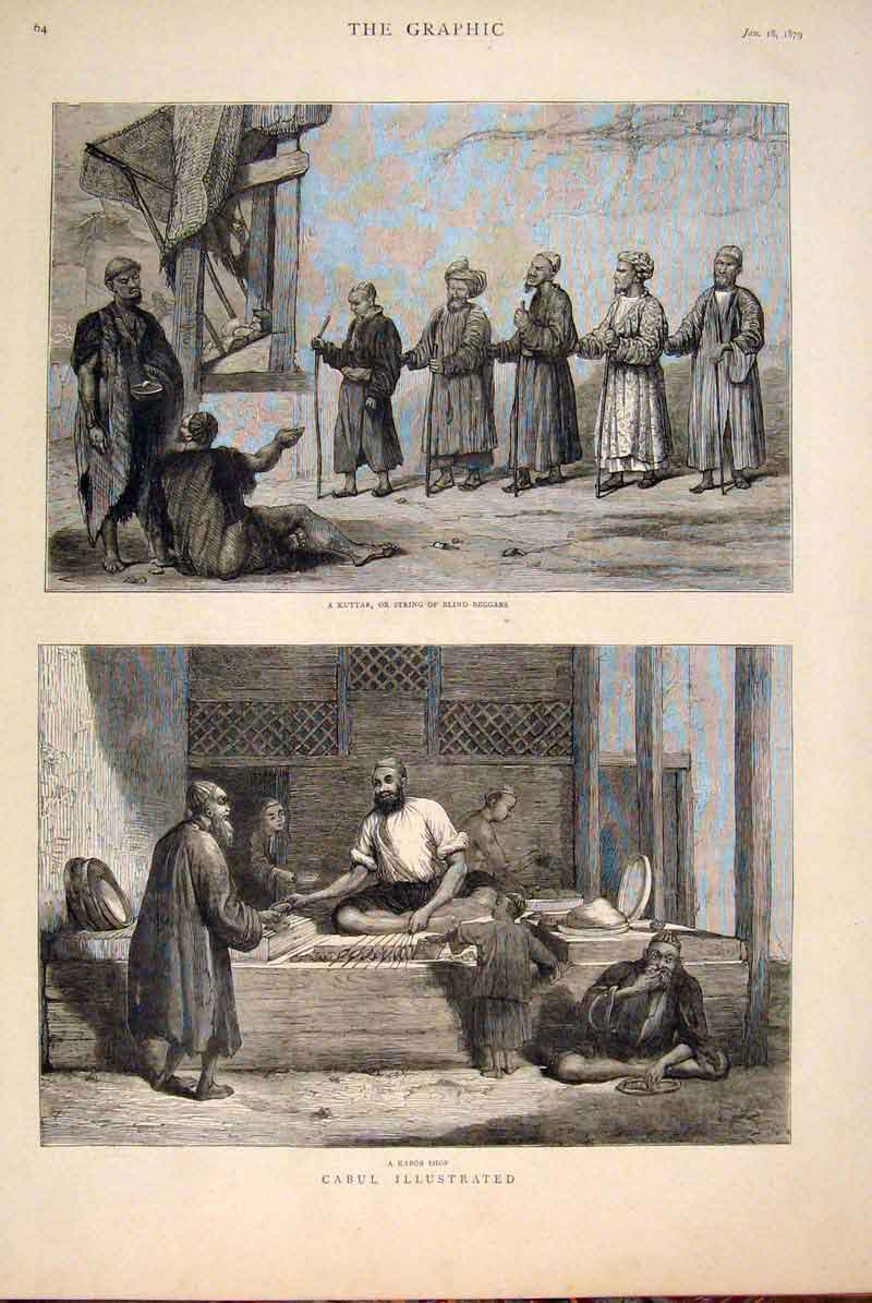 Original Old Antique Print Cabul Sketches Kabob Shop Kutta Blind Beggar 1879
