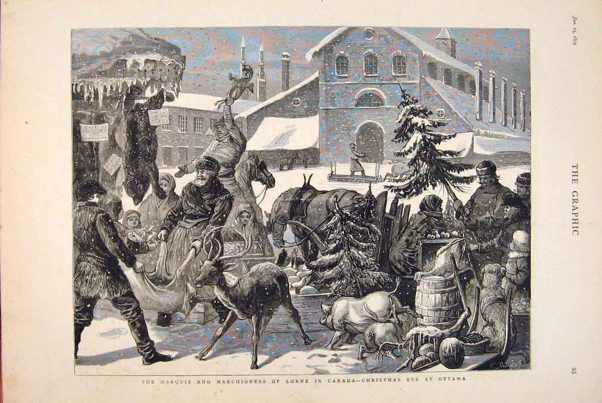 Original Old Antique Print Marquis Lorne Canada Christmas Ottawa 1879 Victorian