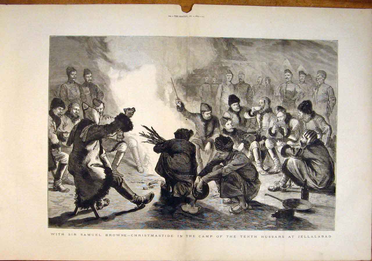 Original Old Antique Print Browne Christmas Tenth Hussars Jellalabad 1879 19th