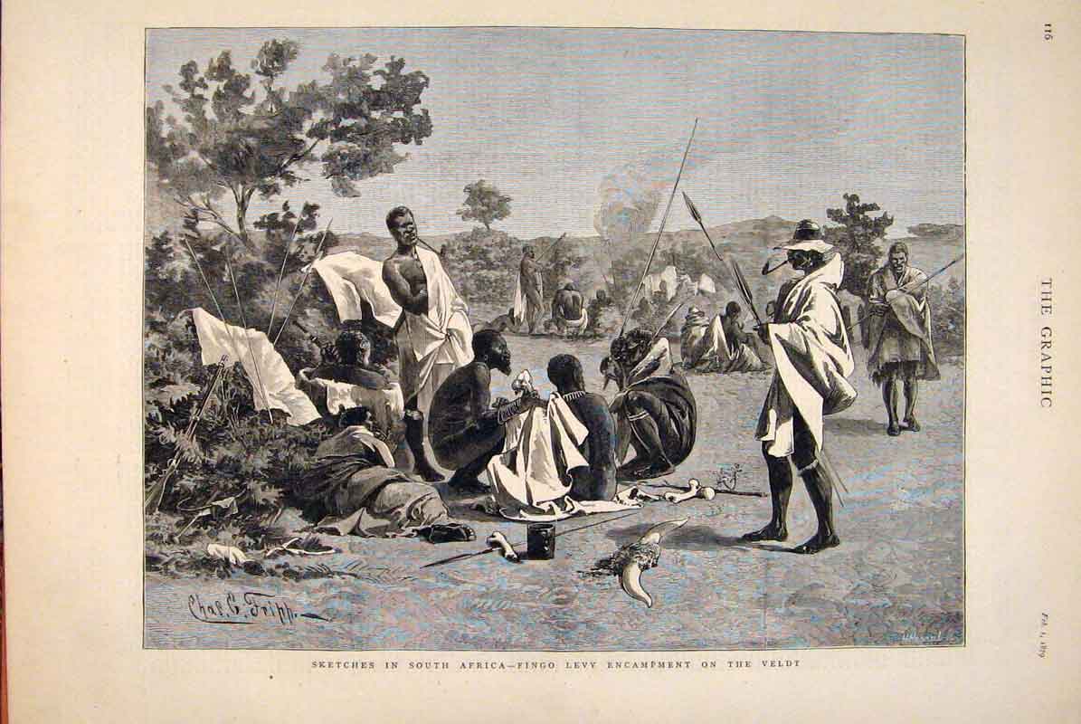 Original Old Antique Print Sketches South Africa Fingo Levy Veldt Camp Zulu War