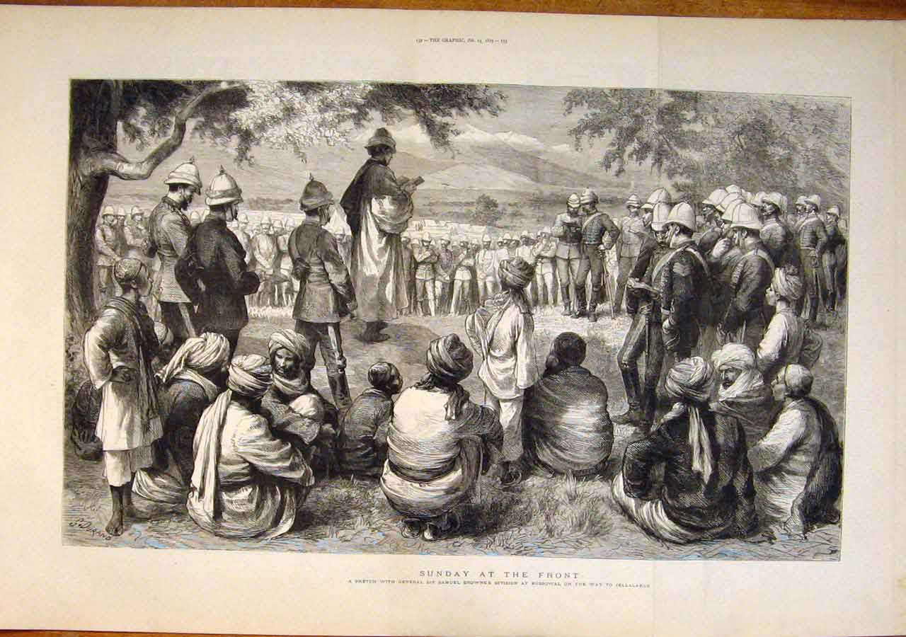 Old Antique Print Jellalabad Browne Bussowal Sketch Sunday Service 1879 19th