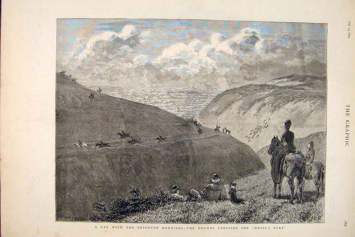 Original Old Antique Print Brighton Harriers Hounds Devil'S Dyke 1879 Victorian
